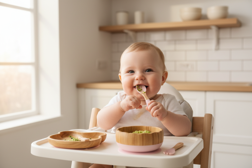 Baby gebruikt Maxilo Bamboe Eetset in roze - lifestyle foto